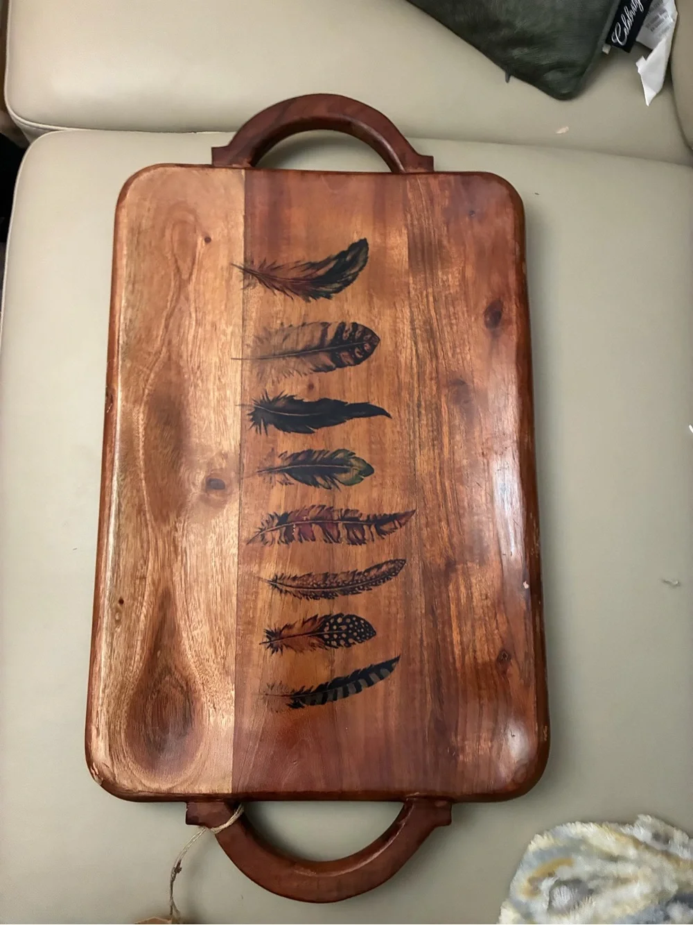 Acacia Wooden Serving Tray with Feather Inlay - Warm Brown